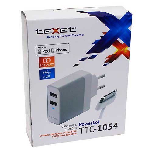 ЗУ Texet TTС-1054 (220V - 2 USB 2,1A + кабель iPhone 4)