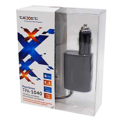 ЗУ Texet автомобильное TPA-1040 (100Вт, 2*USB, 12 насадок)